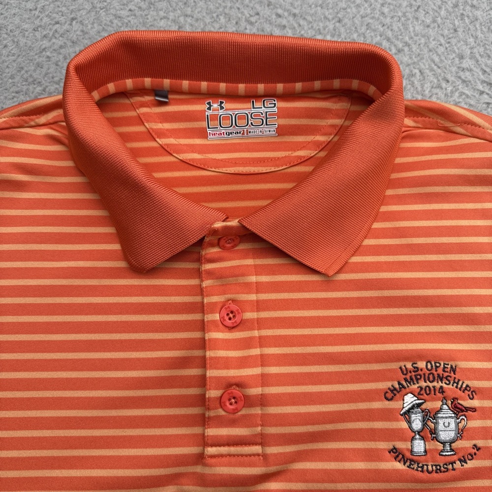 Under Armour Polo Shirt Mens L Orange Striped US Open Pinehurst HeatGear Golf